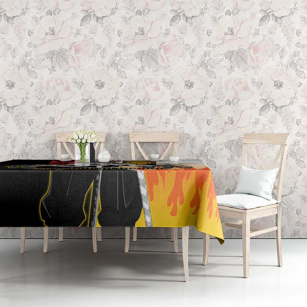 Kyojuro Rengoku from Demon Slayer Tablecloth with Black and White Split Design and Fiery Manga Panel Background - The Mazicc
