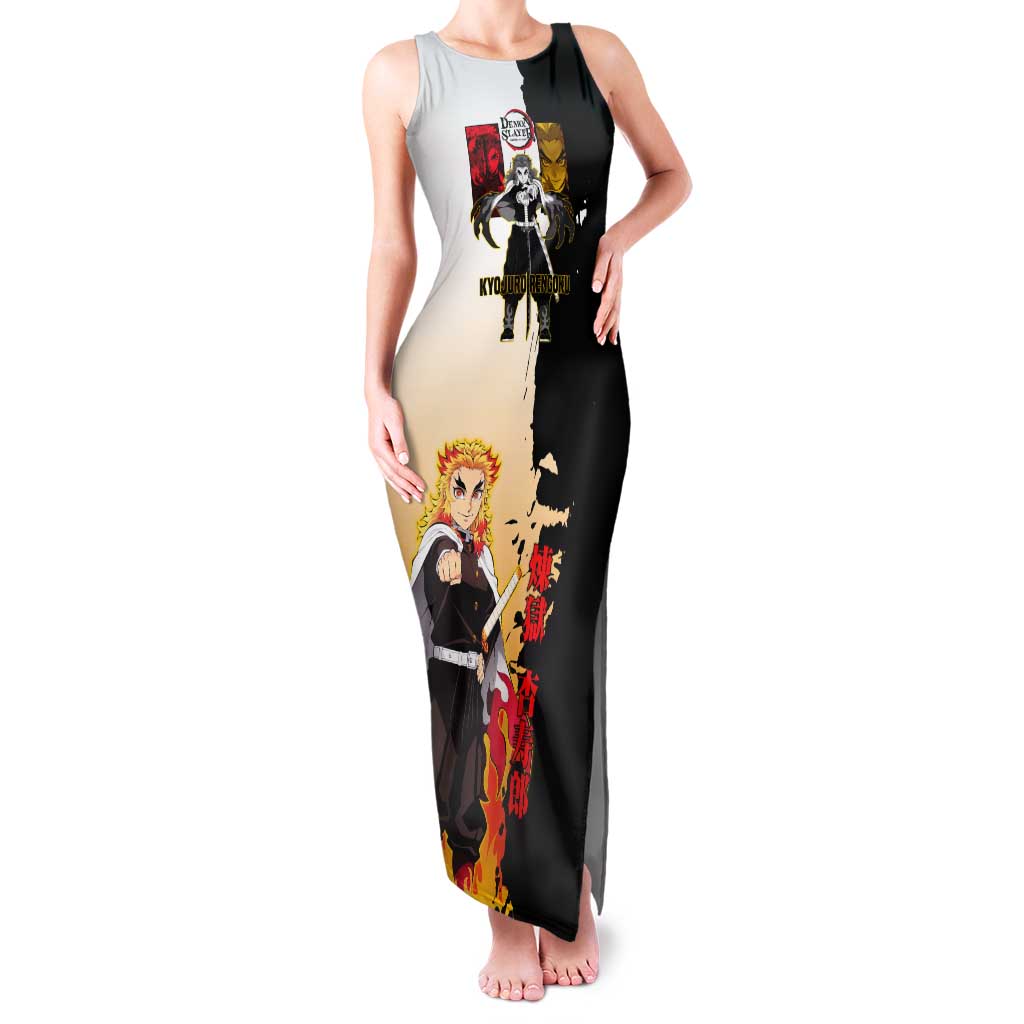 Kyojuro Rengoku from Demon Slayer Tank Maxi Dress with Black and White Split Design and Fiery Manga Panel Background - The Mazicc