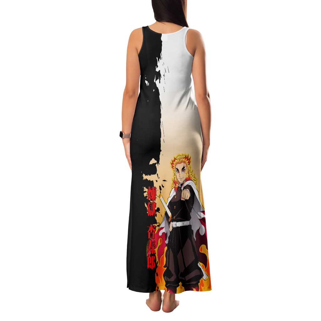 Kyojuro Rengoku from Demon Slayer Tank Maxi Dress with Black and White Split Design and Fiery Manga Panel Background - The Mazicc