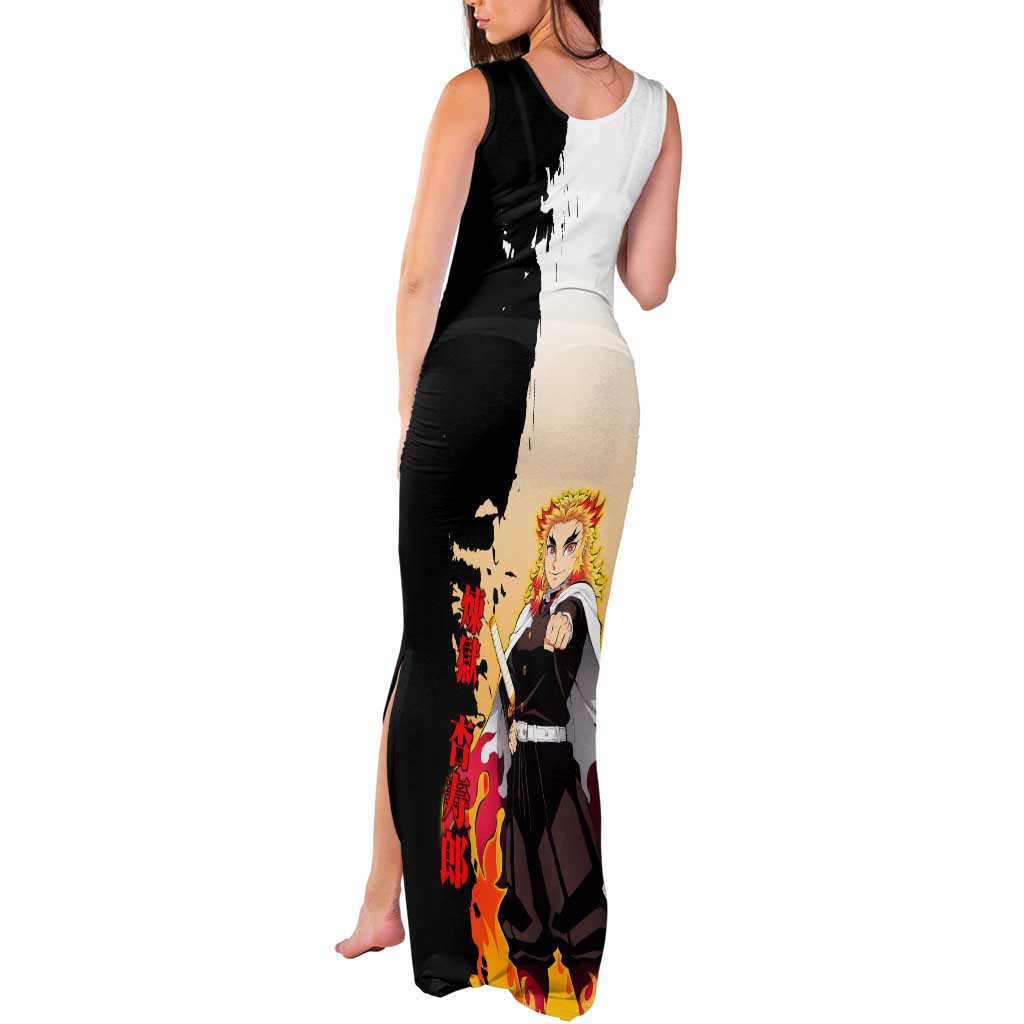 Kyojuro Rengoku from Demon Slayer Tank Maxi Dress with Black and White Split Design and Fiery Manga Panel Background - The Mazicc