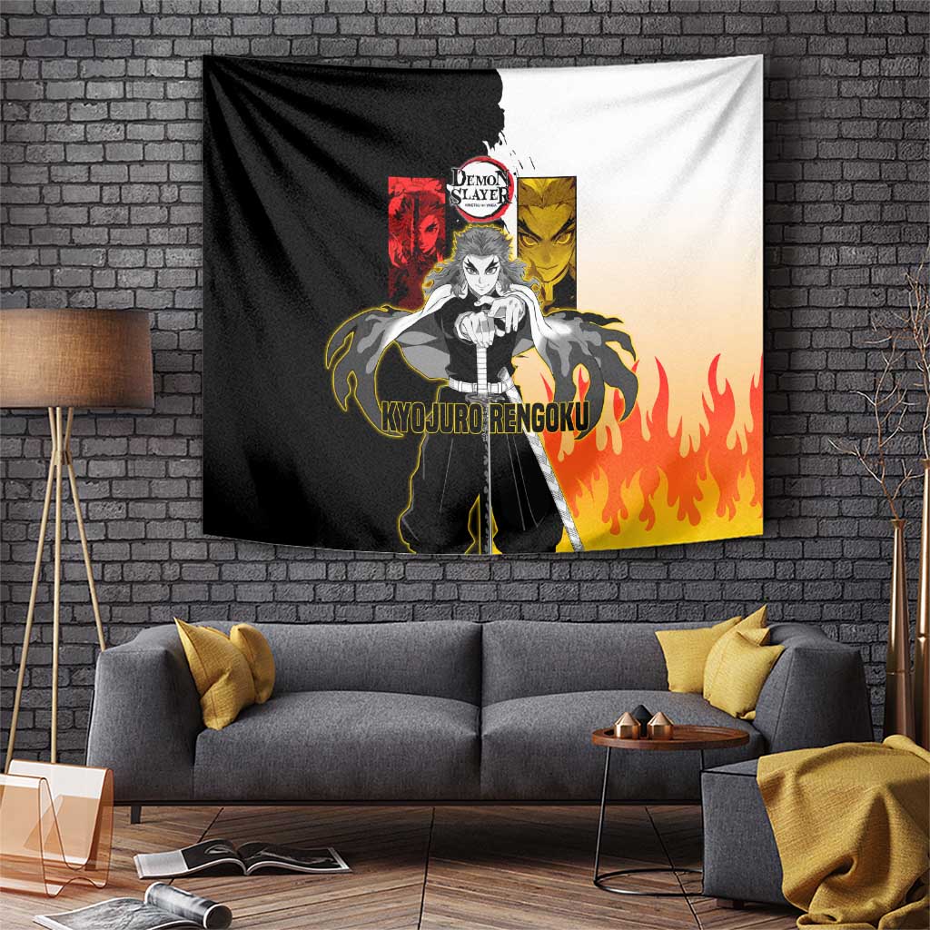 Kyojuro Rengoku from Demon Slayer Tapestry with Black and White Split Design and Fiery Manga Panel Background - The Mazicc