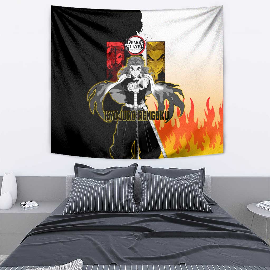Kyojuro Rengoku from Demon Slayer Tapestry with Black and White Split Design and Fiery Manga Panel Background - The Mazicc
