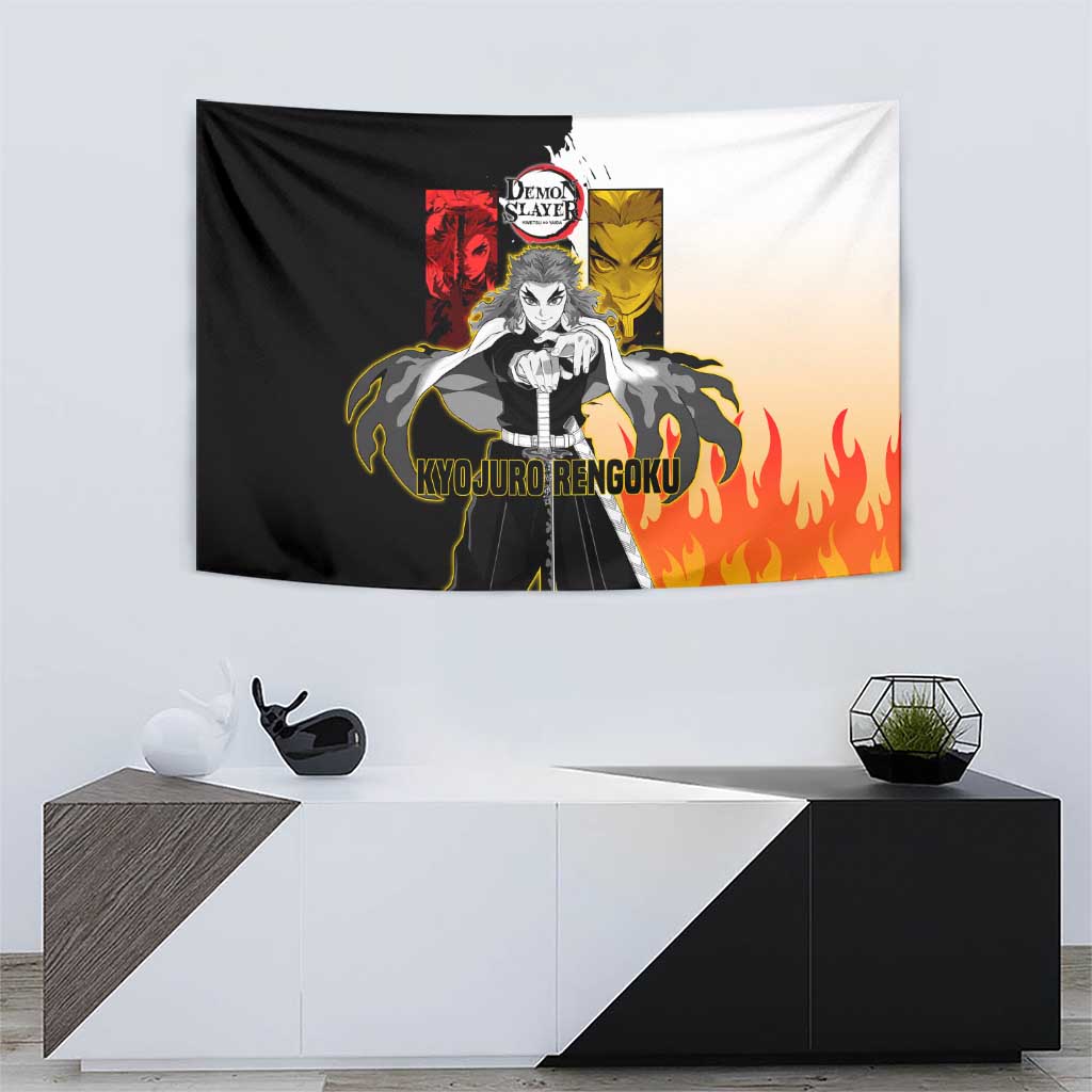 Kyojuro Rengoku from Demon Slayer Tapestry with Black and White Split Design and Fiery Manga Panel Background - The Mazicc