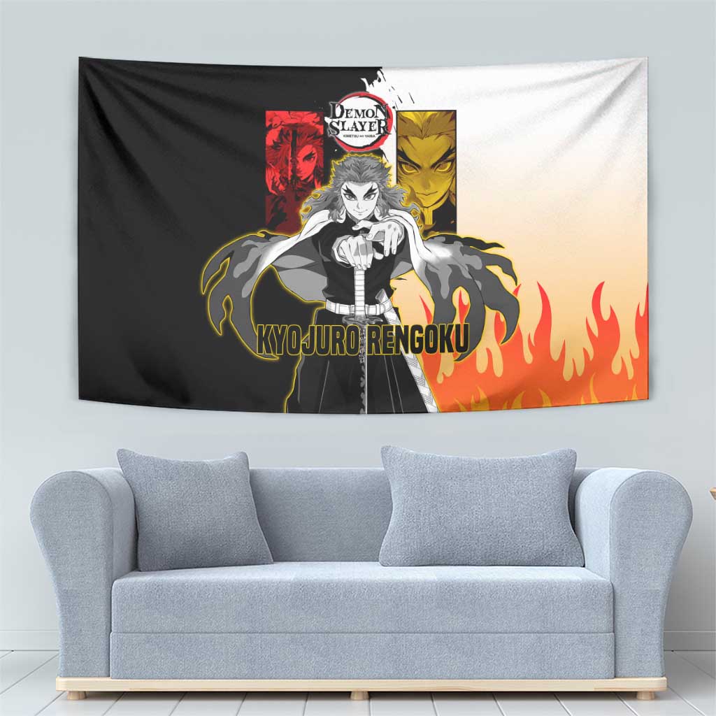 Kyojuro Rengoku from Demon Slayer Tapestry with Black and White Split Design and Fiery Manga Panel Background - The Mazicc
