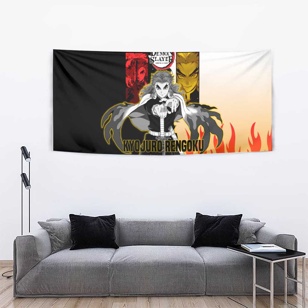 Kyojuro Rengoku from Demon Slayer Tapestry with Black and White Split Design and Fiery Manga Panel Background - The Mazicc