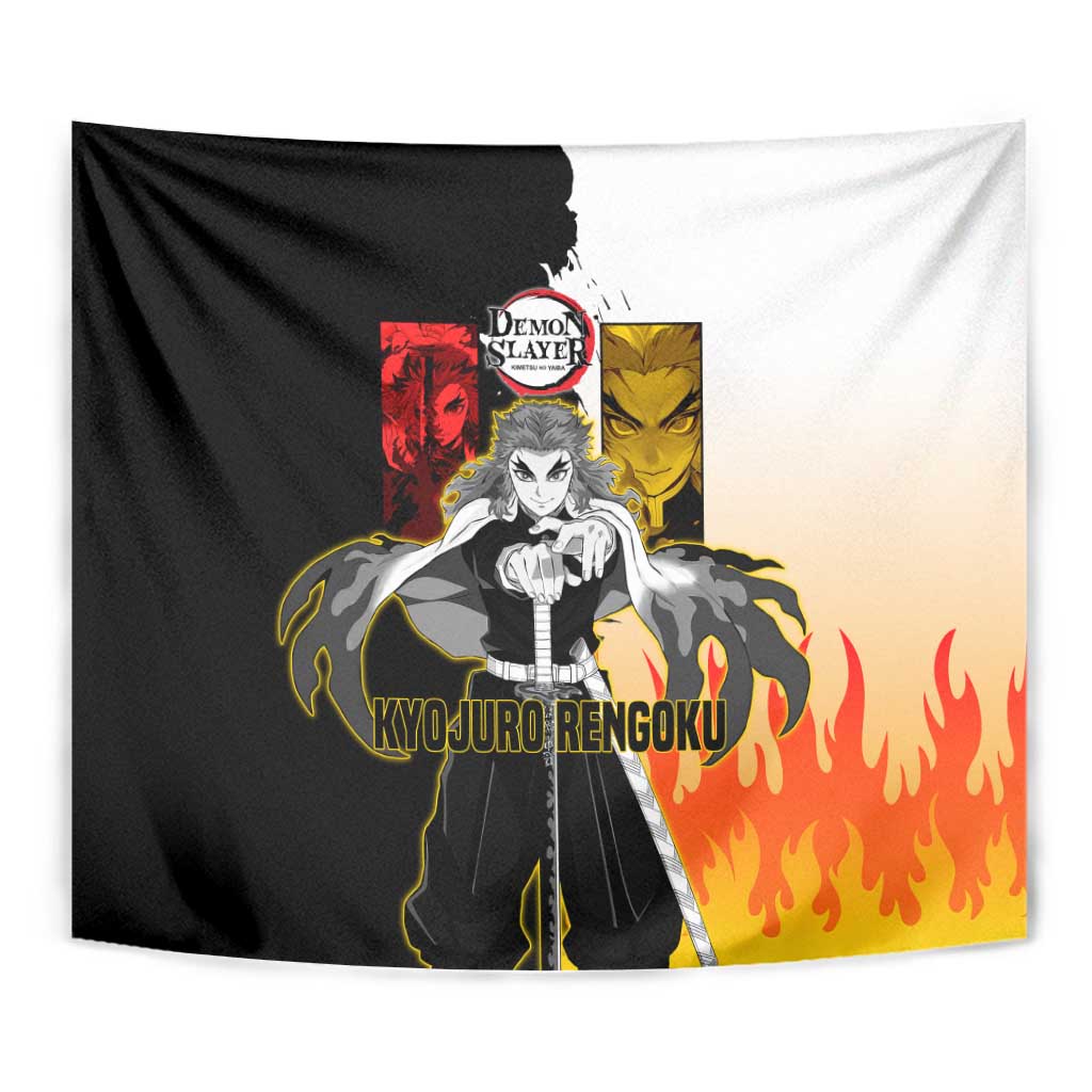 Kyojuro Rengoku from Demon Slayer Tapestry with Black and White Split Design and Fiery Manga Panel Background - The Mazicc
