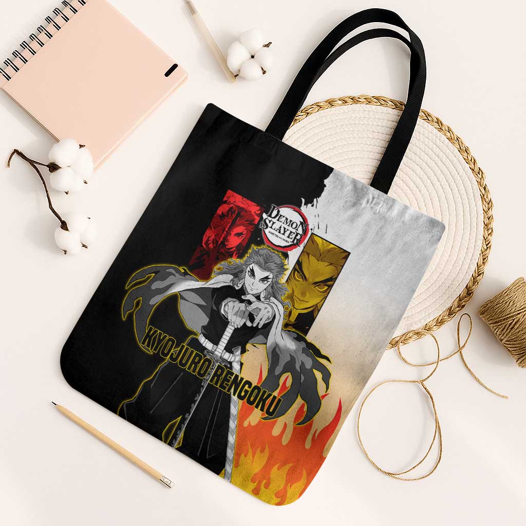 Kyojuro Rengoku from Demon Slayer Tote Bag with Black and White Split Design and Fiery Manga Panel Background - The Mazicc