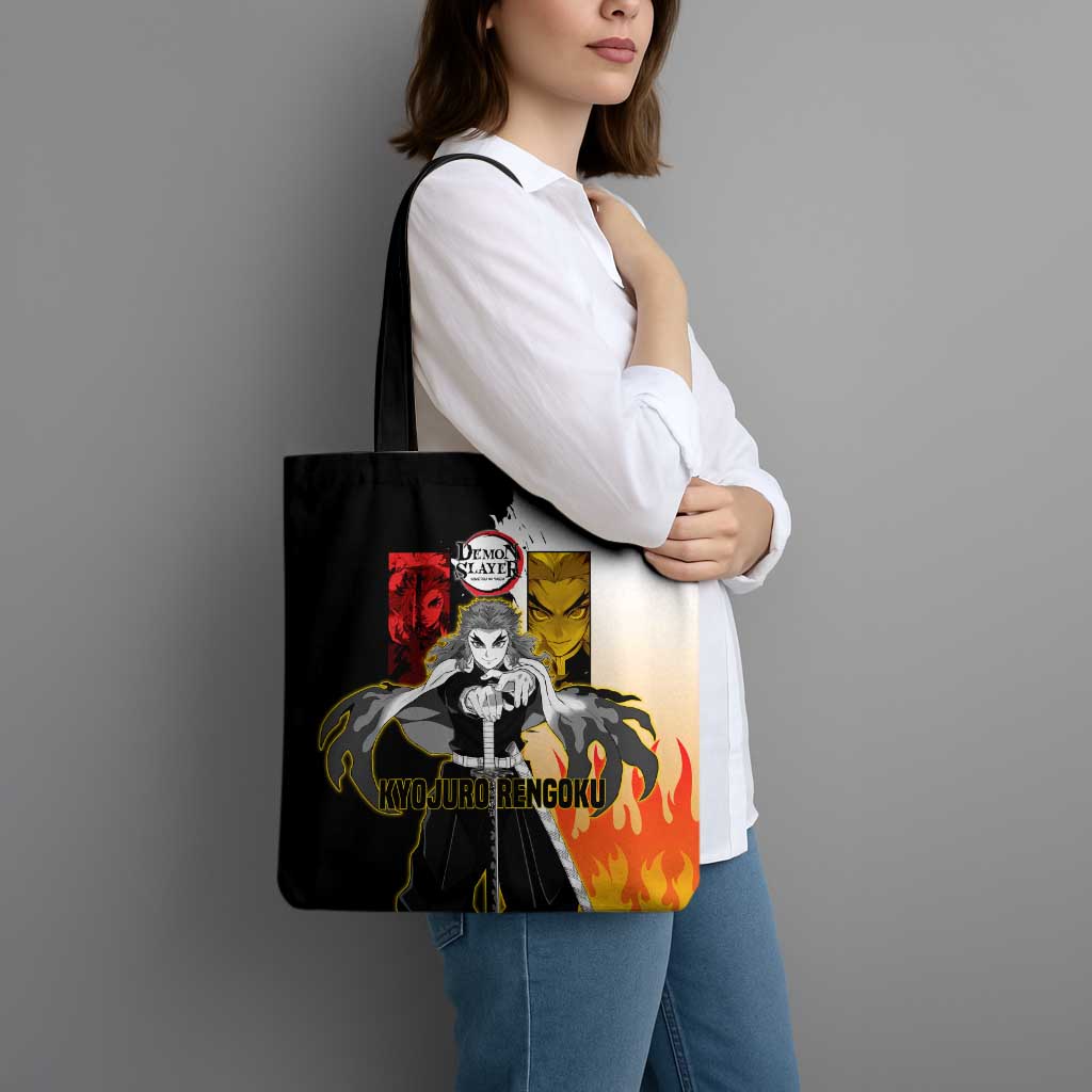 Kyojuro Rengoku from Demon Slayer Tote Bag with Black and White Split Design and Fiery Manga Panel Background - The Mazicc
