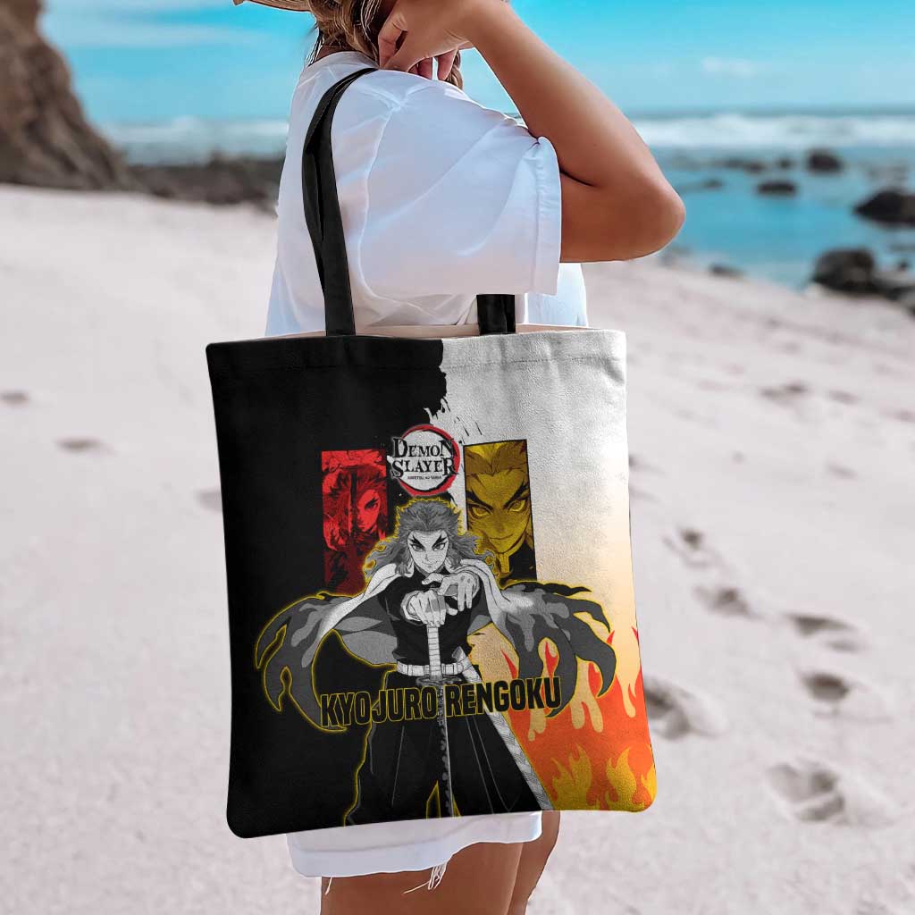 Kyojuro Rengoku from Demon Slayer Tote Bag with Black and White Split Design and Fiery Manga Panel Background - The Mazicc