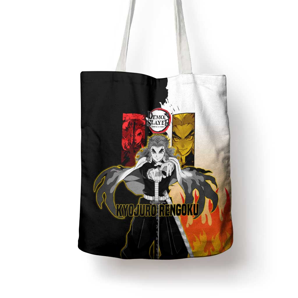 Kyojuro Rengoku from Demon Slayer Tote Bag with Black and White Split Design and Fiery Manga Panel Background - The Mazicc
