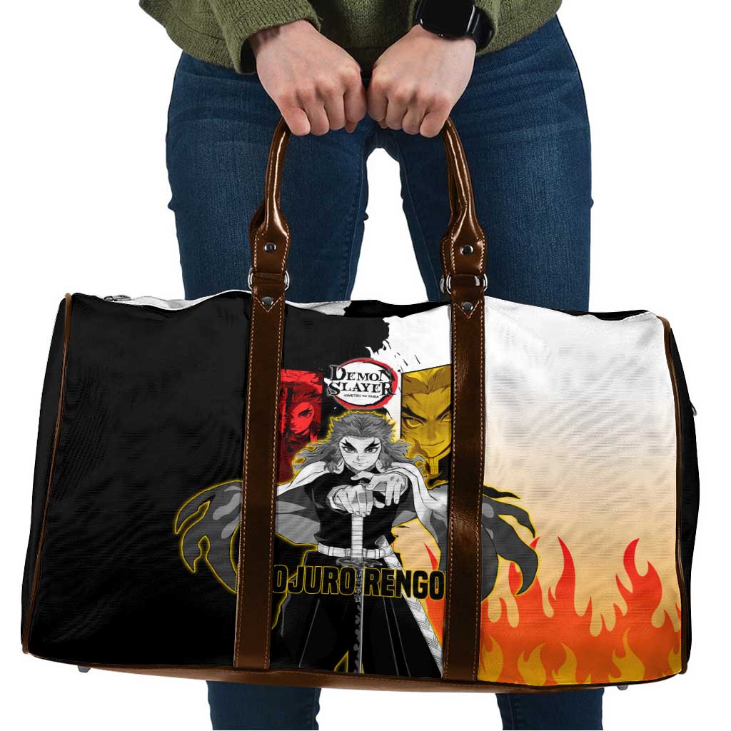 Kyojuro Rengoku from Demon Slayer Travel Bag with Black and White Split Design and Fiery Manga Panel Background - The Mazicc