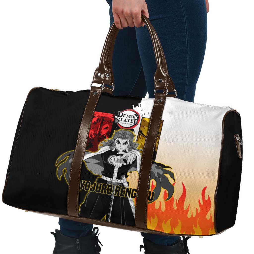 Kyojuro Rengoku from Demon Slayer Travel Bag with Black and White Split Design and Fiery Manga Panel Background - The Mazicc