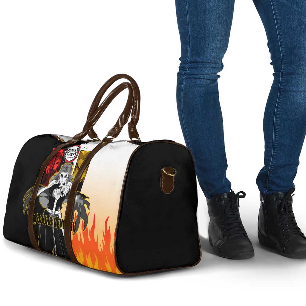 Kyojuro Rengoku from Demon Slayer Travel Bag with Black and White Split Design and Fiery Manga Panel Background - The Mazicc