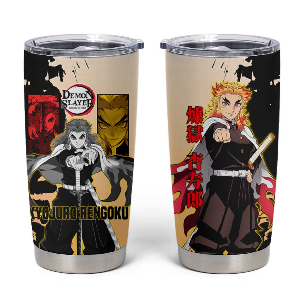 Kyojuro Rengoku from Demon Slayer Tumbler Cup with Black and White Split Design and Fiery Manga Panel Background - The Mazicc