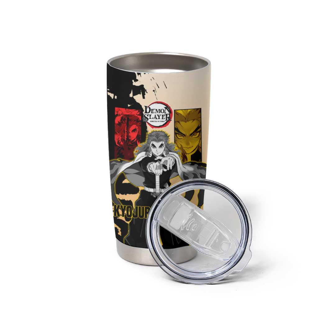 Kyojuro Rengoku from Demon Slayer Tumbler Cup with Black and White Split Design and Fiery Manga Panel Background - The Mazicc