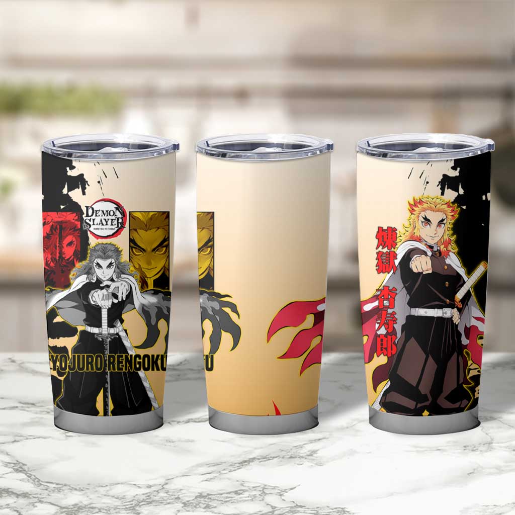 Kyojuro Rengoku from Demon Slayer Tumbler Cup with Black and White Split Design and Fiery Manga Panel Background - The Mazicc