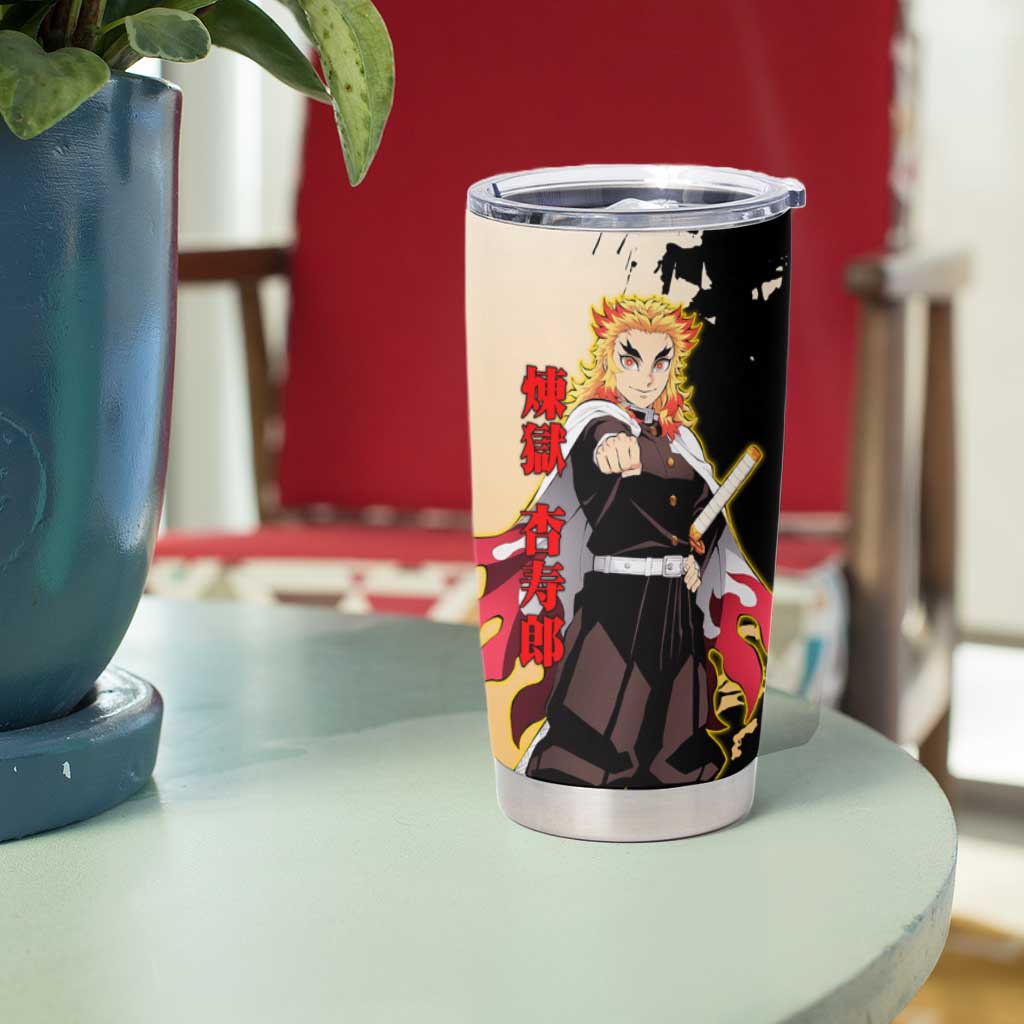 Kyojuro Rengoku from Demon Slayer Tumbler Cup with Black and White Split Design and Fiery Manga Panel Background - The Mazicc