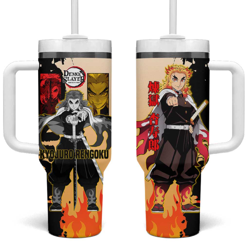 Kyojuro Rengoku from Demon Slayer Tumbler With Handle with Black and White Split Design and Fiery Manga Panel Background - The Mazicc