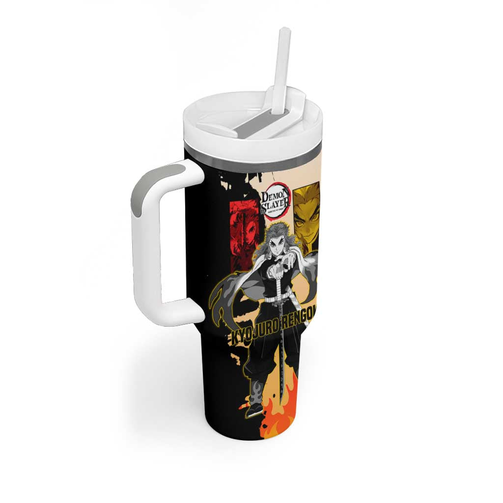 Kyojuro Rengoku from Demon Slayer Tumbler With Handle with Black and White Split Design and Fiery Manga Panel Background - The Mazicc