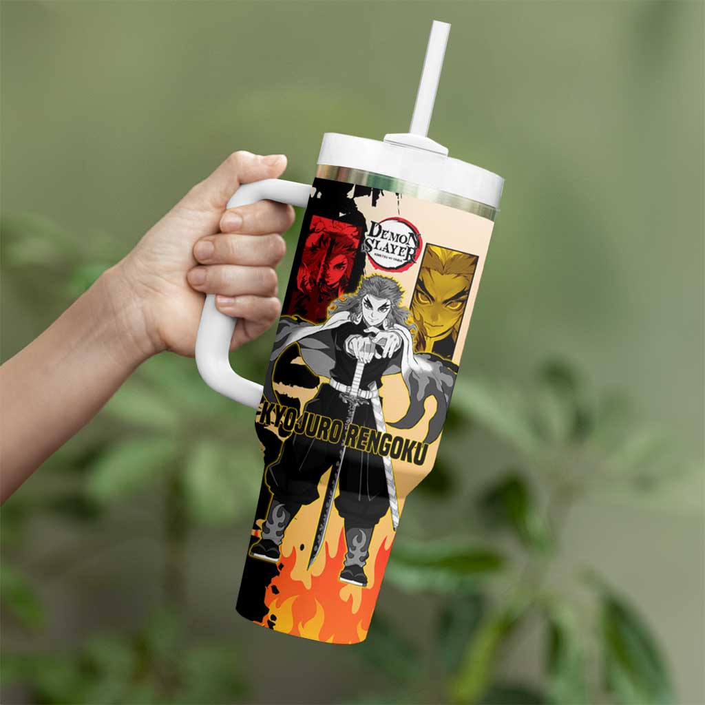 Kyojuro Rengoku from Demon Slayer Tumbler With Handle with Black and White Split Design and Fiery Manga Panel Background - The Mazicc