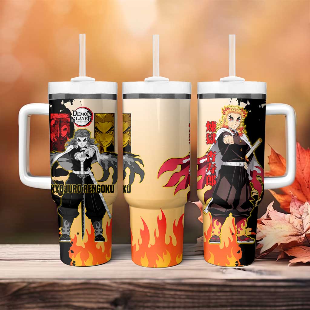 Kyojuro Rengoku from Demon Slayer Tumbler With Handle with Black and White Split Design and Fiery Manga Panel Background - The Mazicc