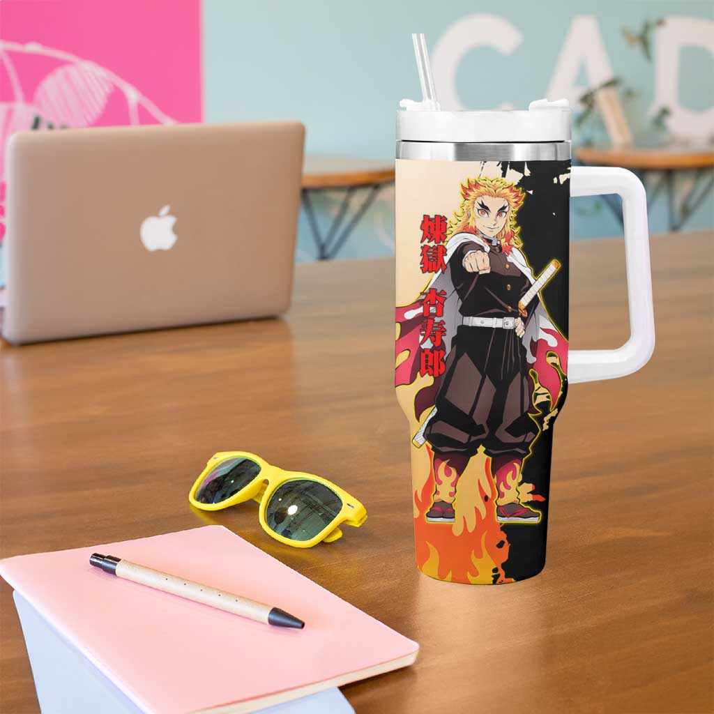 Kyojuro Rengoku from Demon Slayer Tumbler With Handle with Black and White Split Design and Fiery Manga Panel Background - The Mazicc