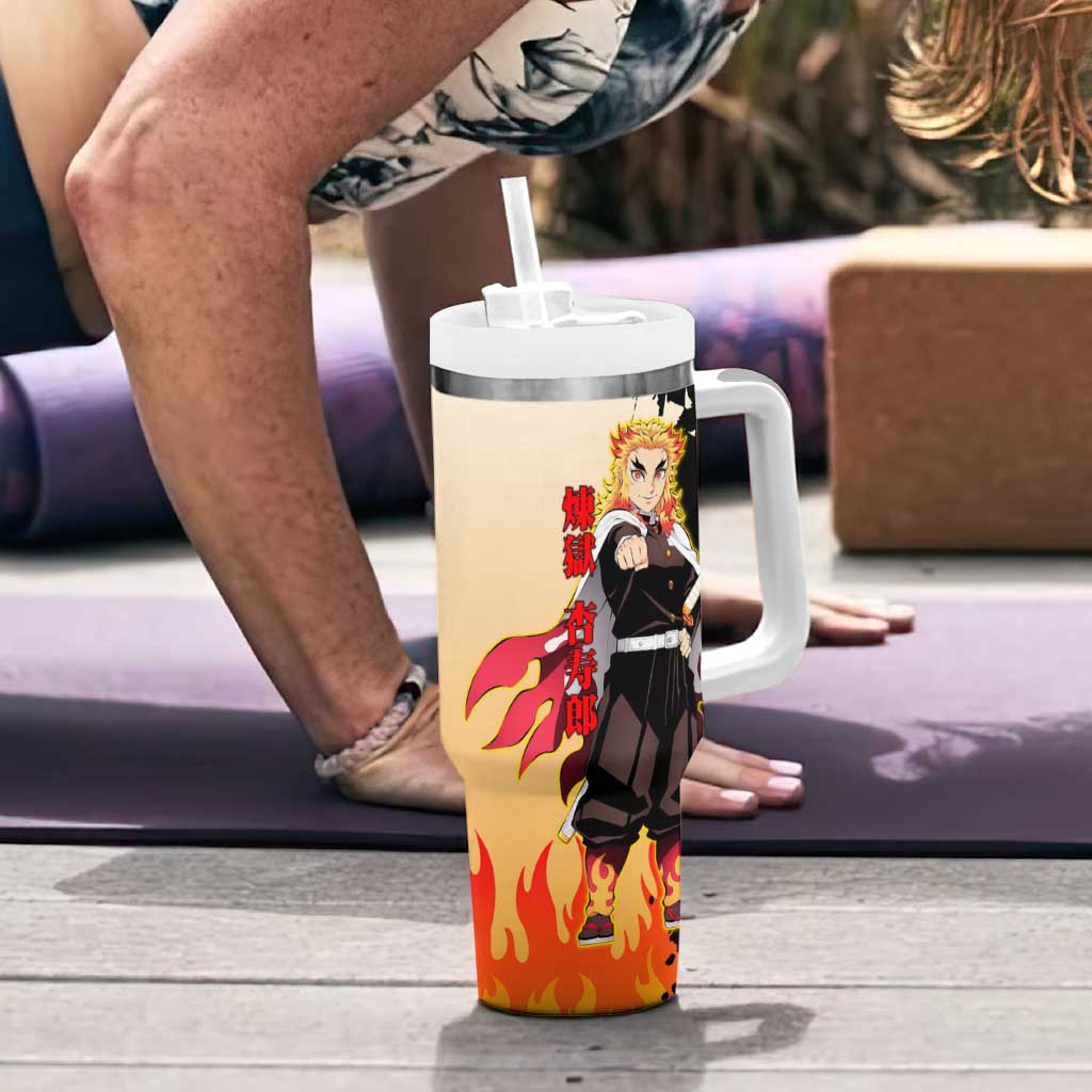 Kyojuro Rengoku from Demon Slayer Tumbler With Handle with Black and White Split Design and Fiery Manga Panel Background - The Mazicc