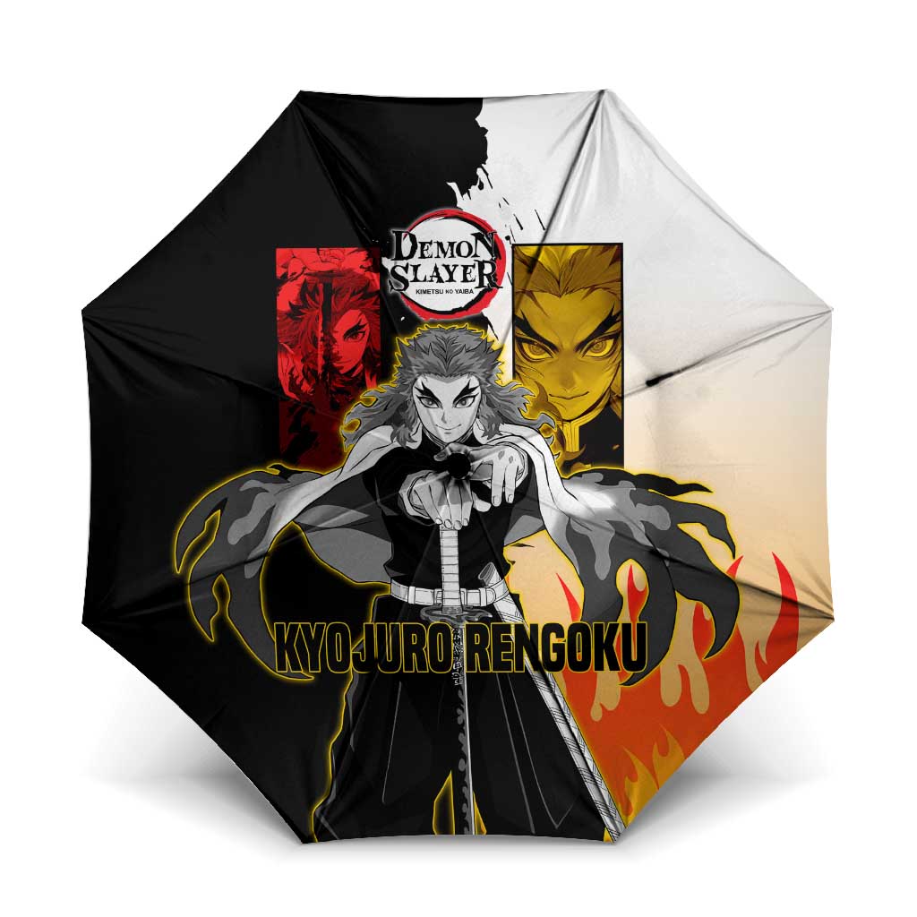 Kyojuro Rengoku from Demon Slayer Umbrella with Black and White Split Design and Fiery Manga Panel Background - The Mazicc
