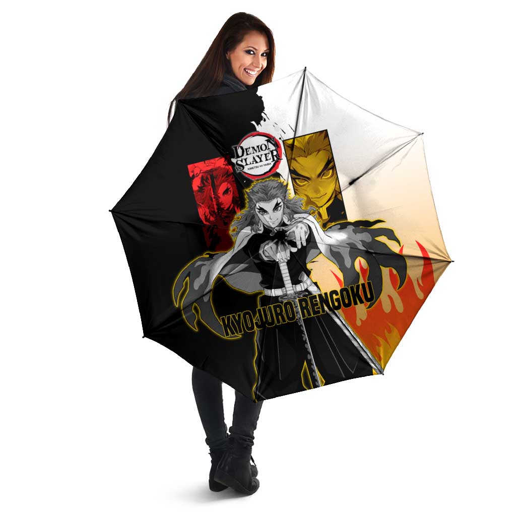 Kyojuro Rengoku from Demon Slayer Umbrella with Black and White Split Design and Fiery Manga Panel Background - The Mazicc