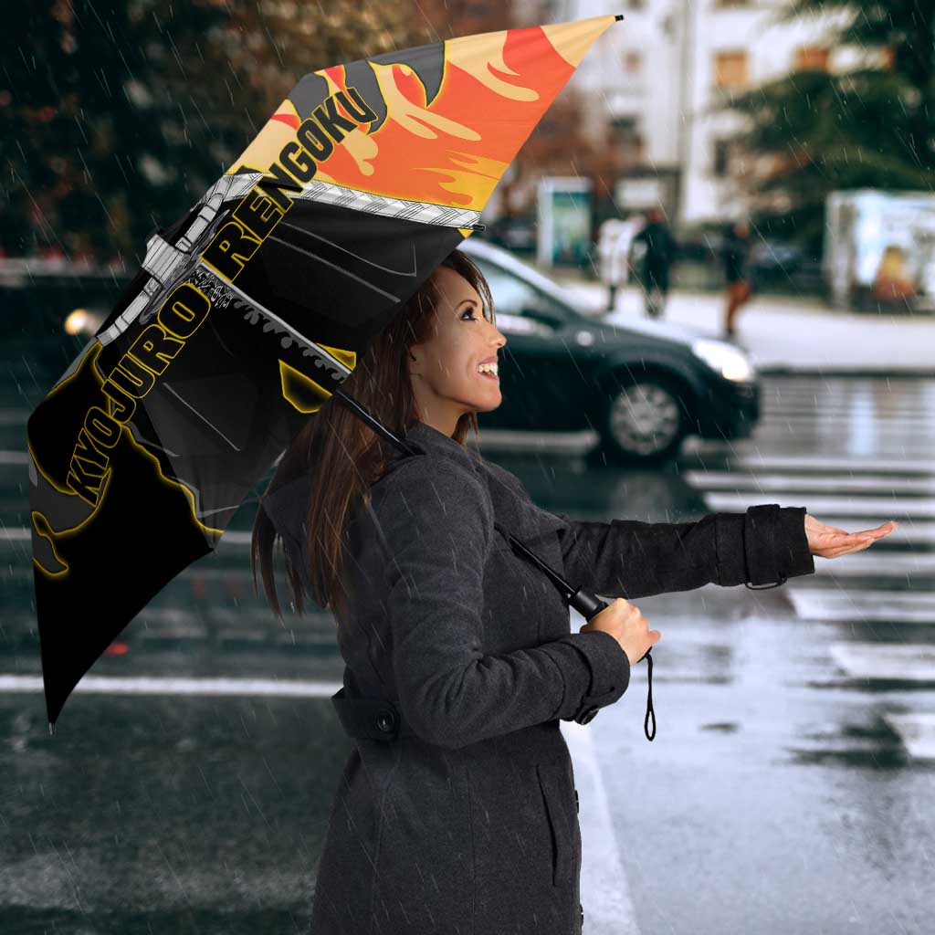 Kyojuro Rengoku from Demon Slayer Umbrella with Black and White Split Design and Fiery Manga Panel Background - The Mazicc