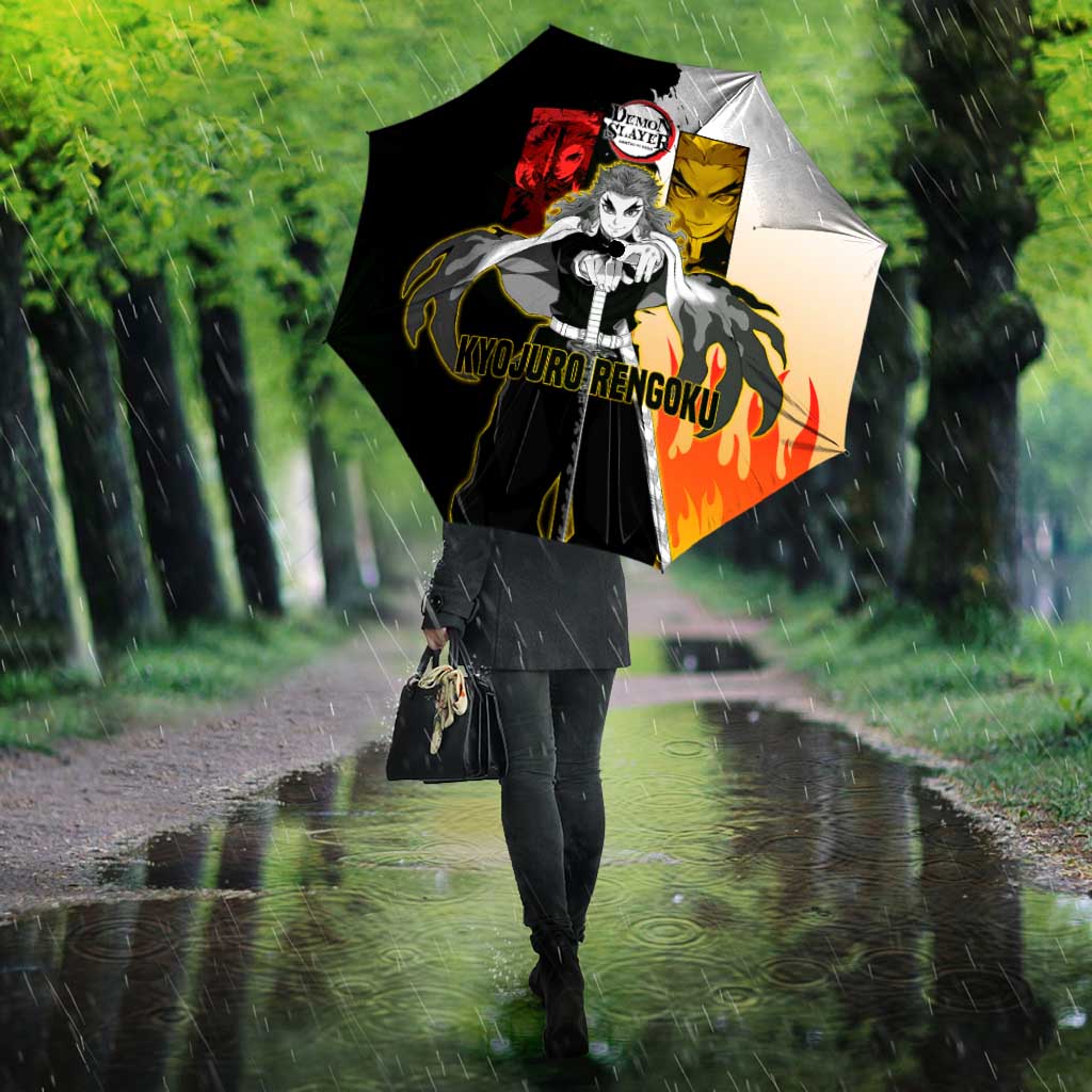 Kyojuro Rengoku from Demon Slayer Umbrella with Black and White Split Design and Fiery Manga Panel Background - The Mazicc