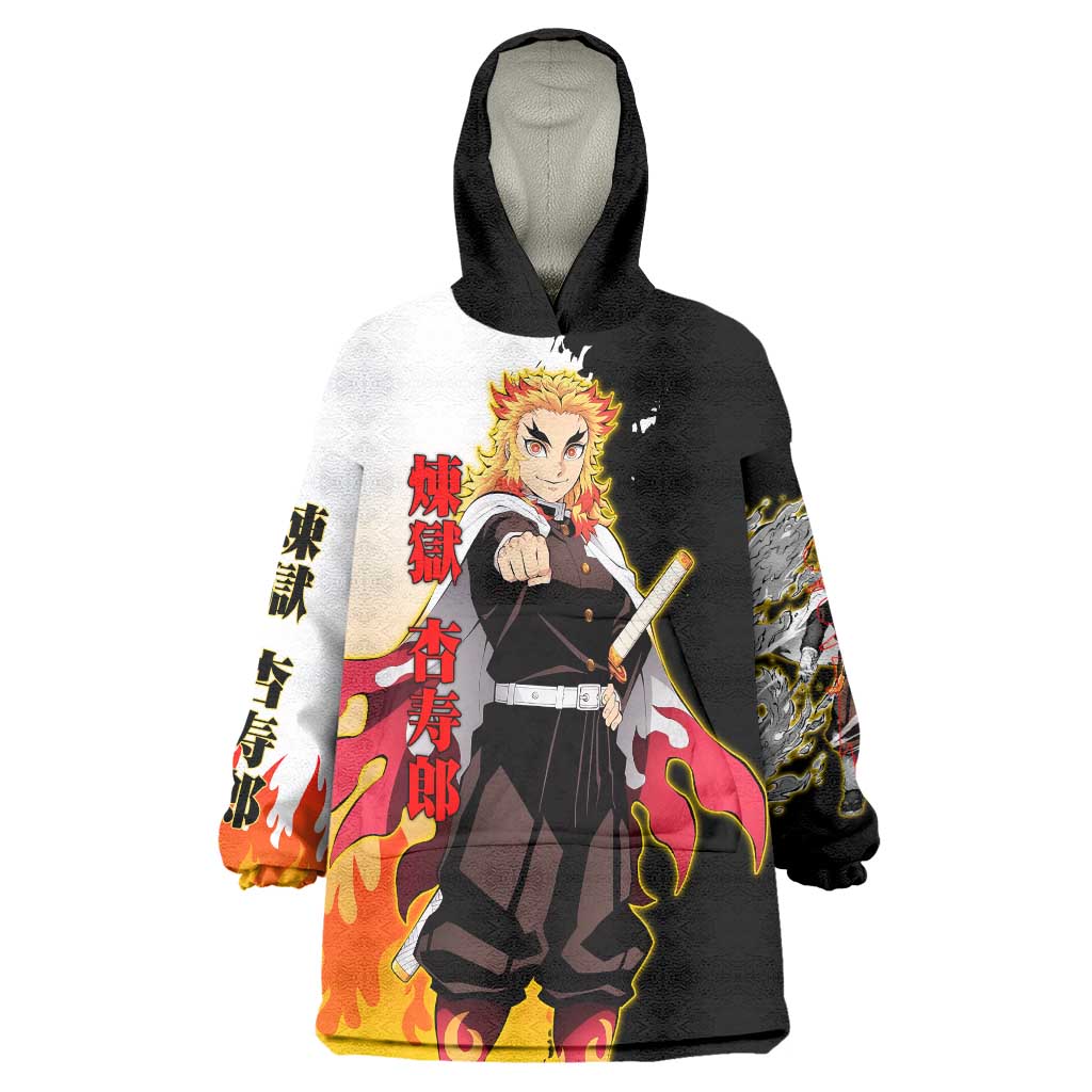 Kyojuro Rengoku from Demon Slayer Wearable Blanket Hoodie with Black and White Split Design and Fiery Manga Panel Background - The Mazicc