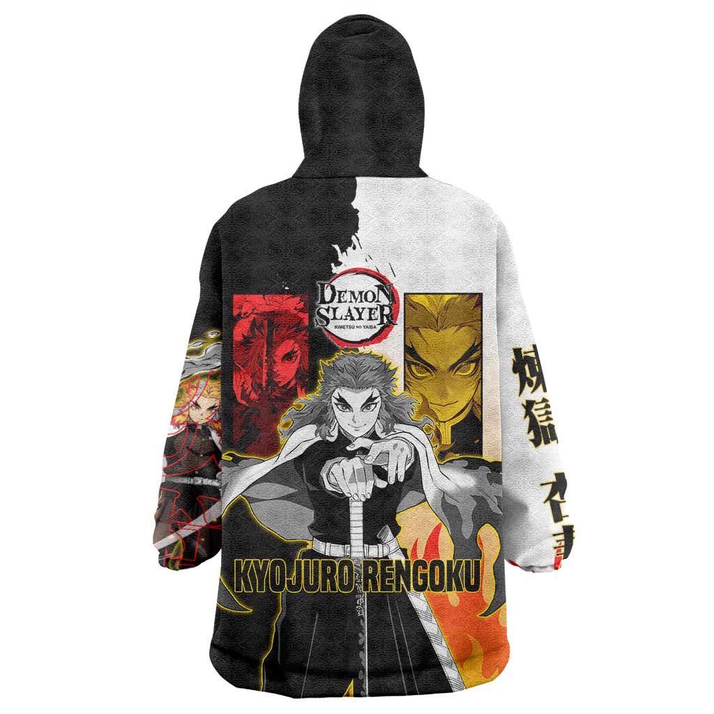 Kyojuro Rengoku from Demon Slayer Wearable Blanket Hoodie with Black and White Split Design and Fiery Manga Panel Background - The Mazicc