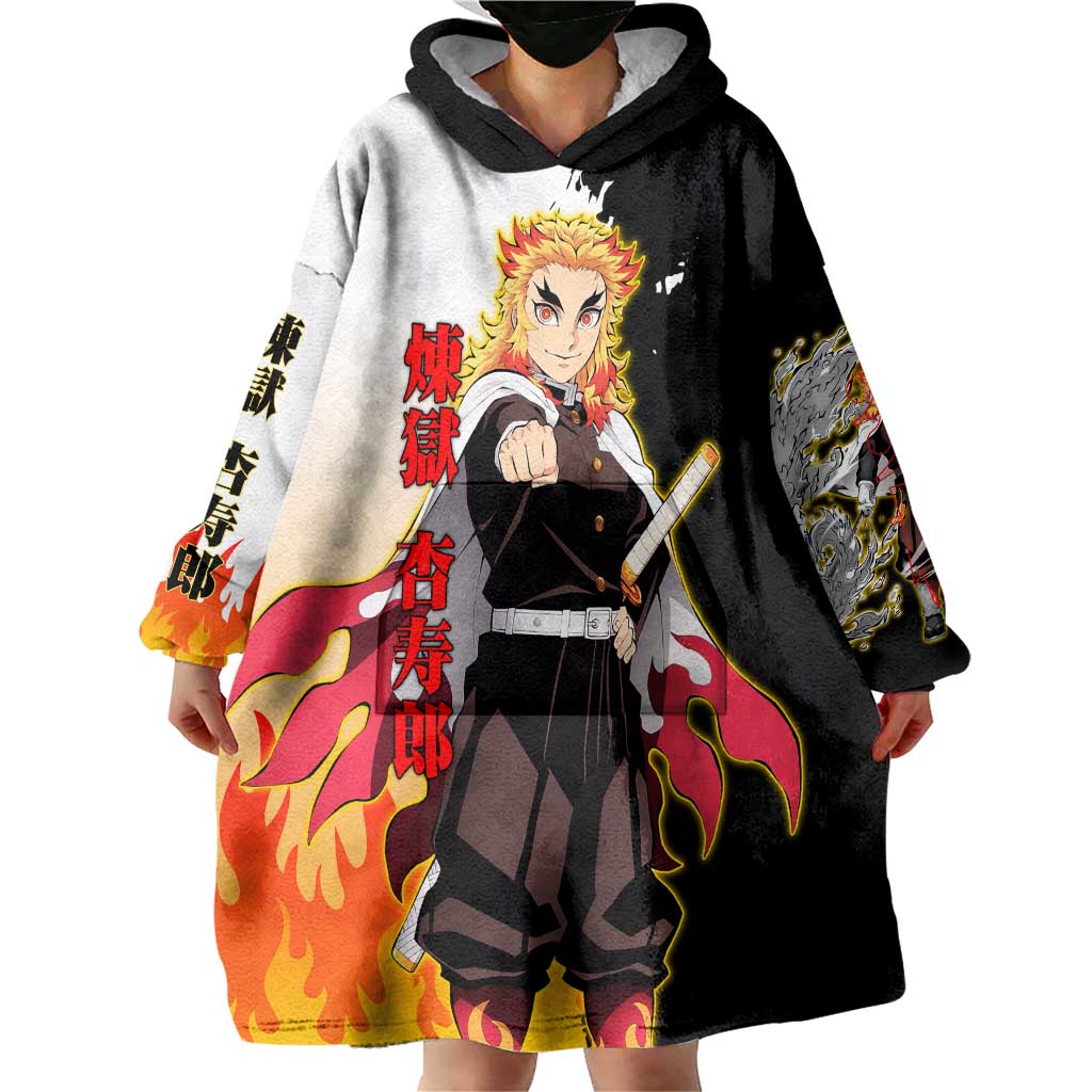 Kyojuro Rengoku from Demon Slayer Wearable Blanket Hoodie with Black and White Split Design and Fiery Manga Panel Background - The Mazicc