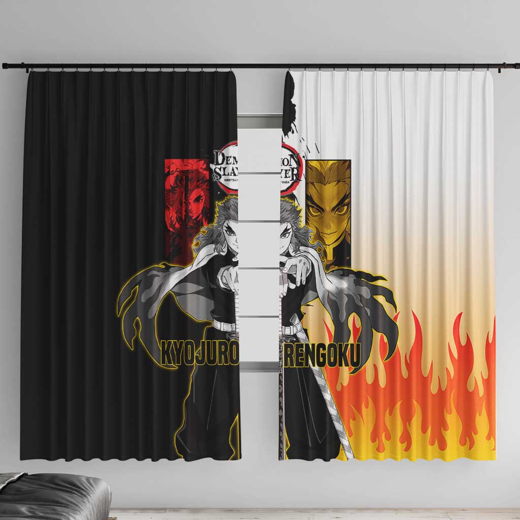 Kyojuro Rengoku from Demon Slayer Window Curtain with Black and White Split Design and Fiery Manga Panel Background - The Mazicc