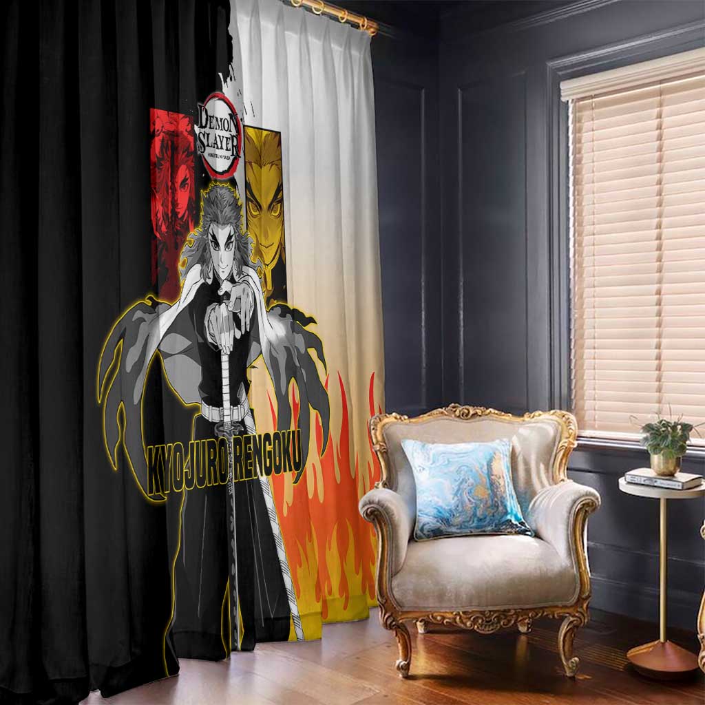 Kyojuro Rengoku from Demon Slayer Window Curtain with Black and White Split Design and Fiery Manga Panel Background - The Mazicc