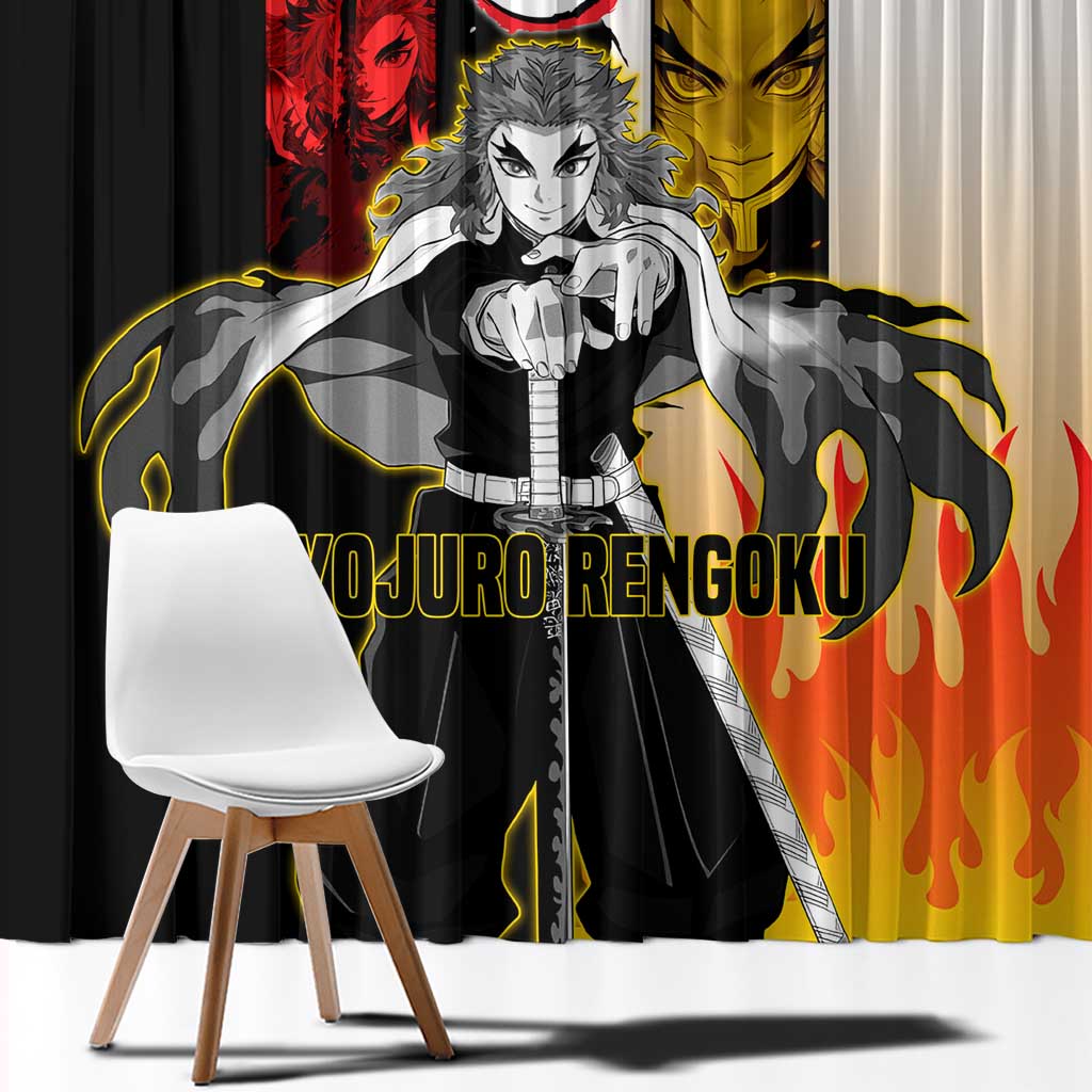 Kyojuro Rengoku from Demon Slayer Window Curtain with Black and White Split Design and Fiery Manga Panel Background - The Mazicc