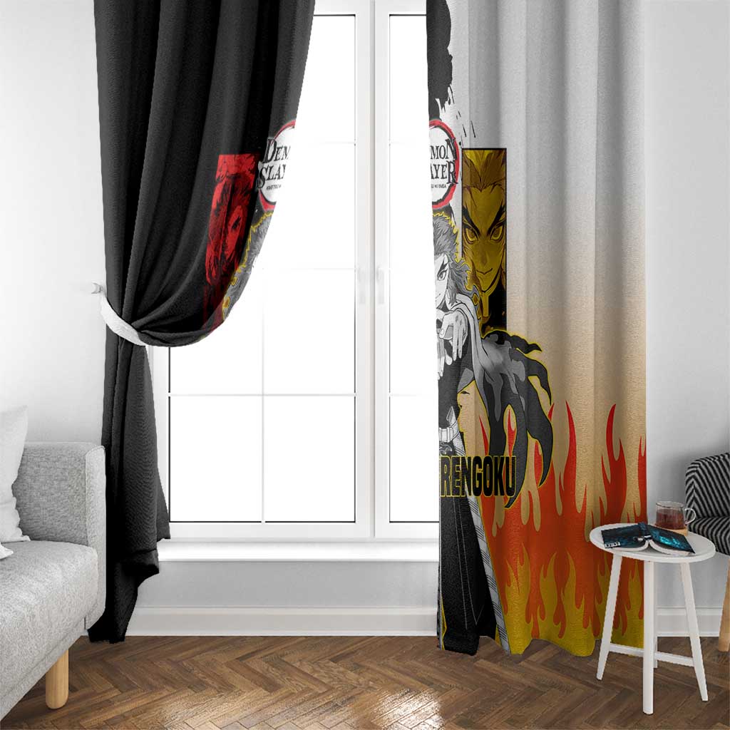 Kyojuro Rengoku from Demon Slayer Window Curtain with Black and White Split Design and Fiery Manga Panel Background - The Mazicc