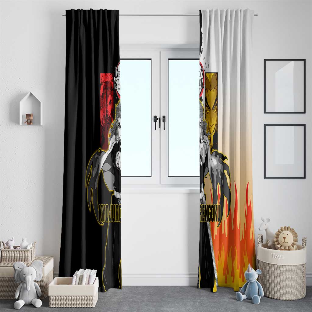 Kyojuro Rengoku from Demon Slayer Window Curtain with Black and White Split Design and Fiery Manga Panel Background - The Mazicc