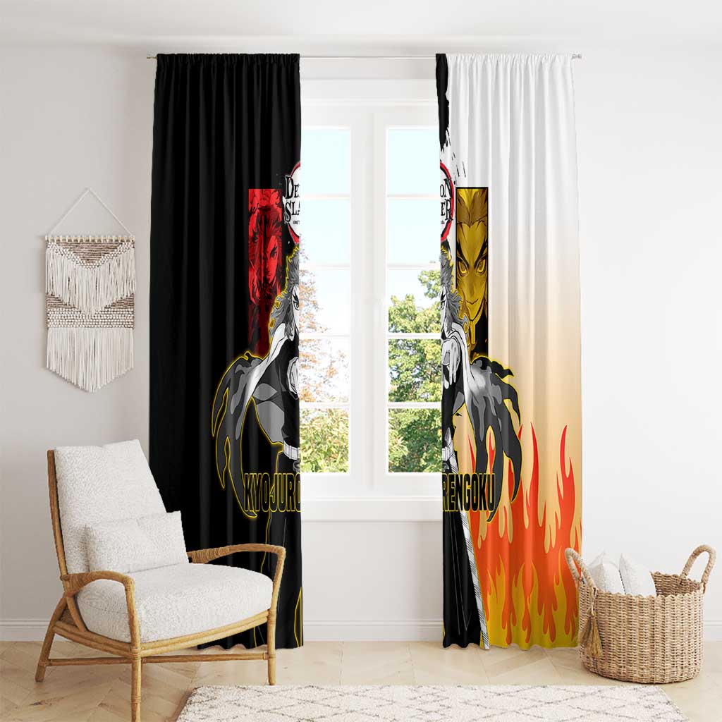 Kyojuro Rengoku from Demon Slayer Window Curtain with Black and White Split Design and Fiery Manga Panel Background - The Mazicc