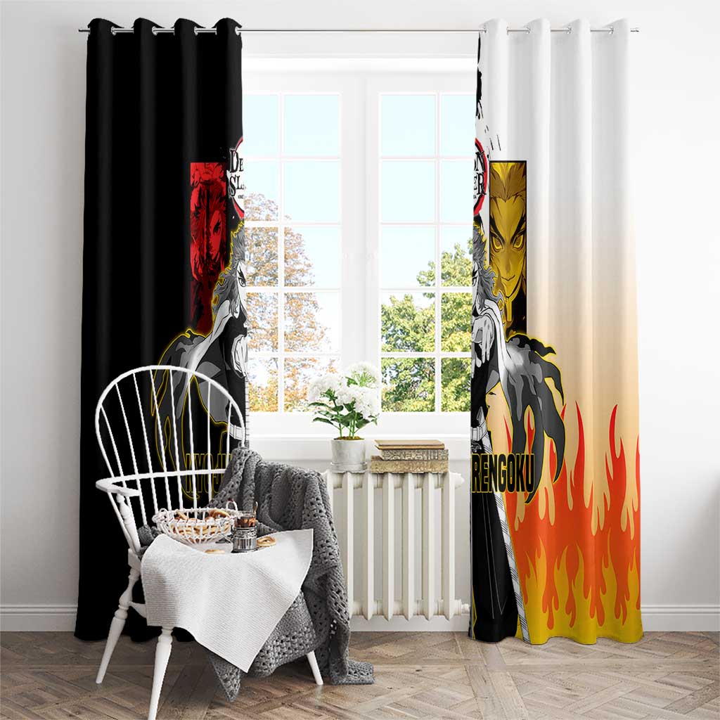 Kyojuro Rengoku from Demon Slayer Window Curtain with Black and White Split Design and Fiery Manga Panel Background - The Mazicc