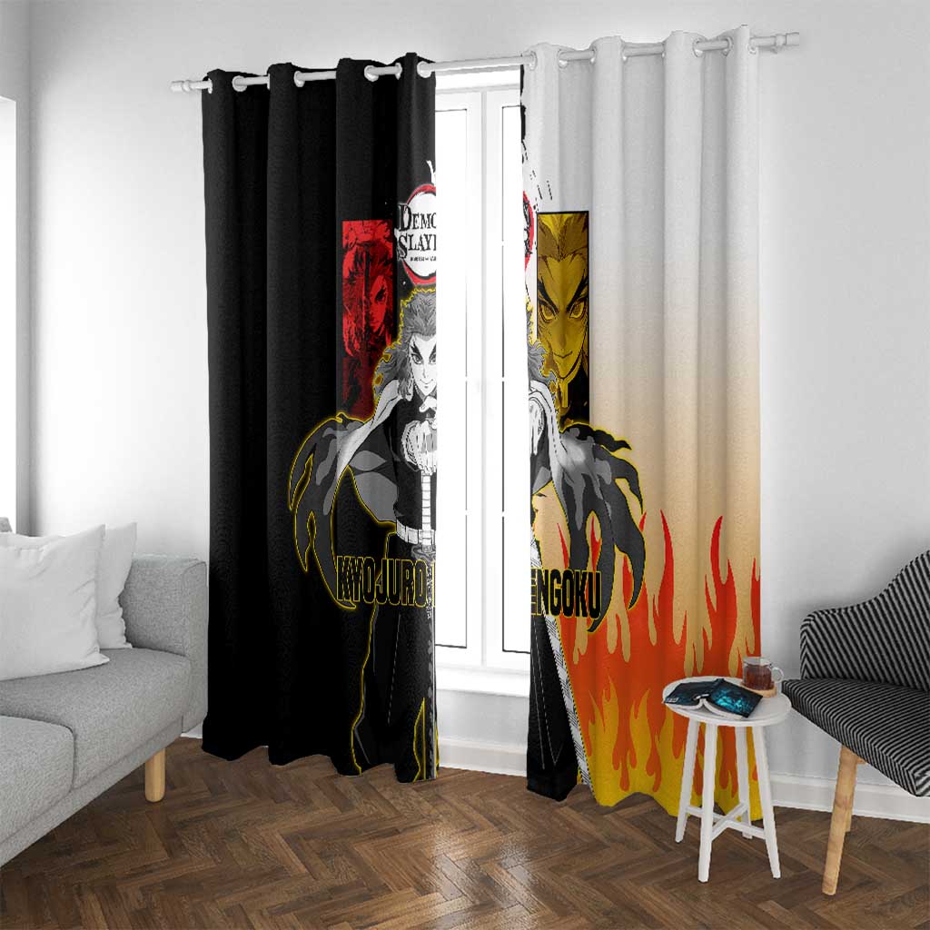 Kyojuro Rengoku from Demon Slayer Window Curtain with Black and White Split Design and Fiery Manga Panel Background - The Mazicc