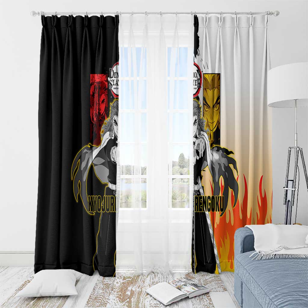 Kyojuro Rengoku from Demon Slayer Window Curtain with Black and White Split Design and Fiery Manga Panel Background - The Mazicc