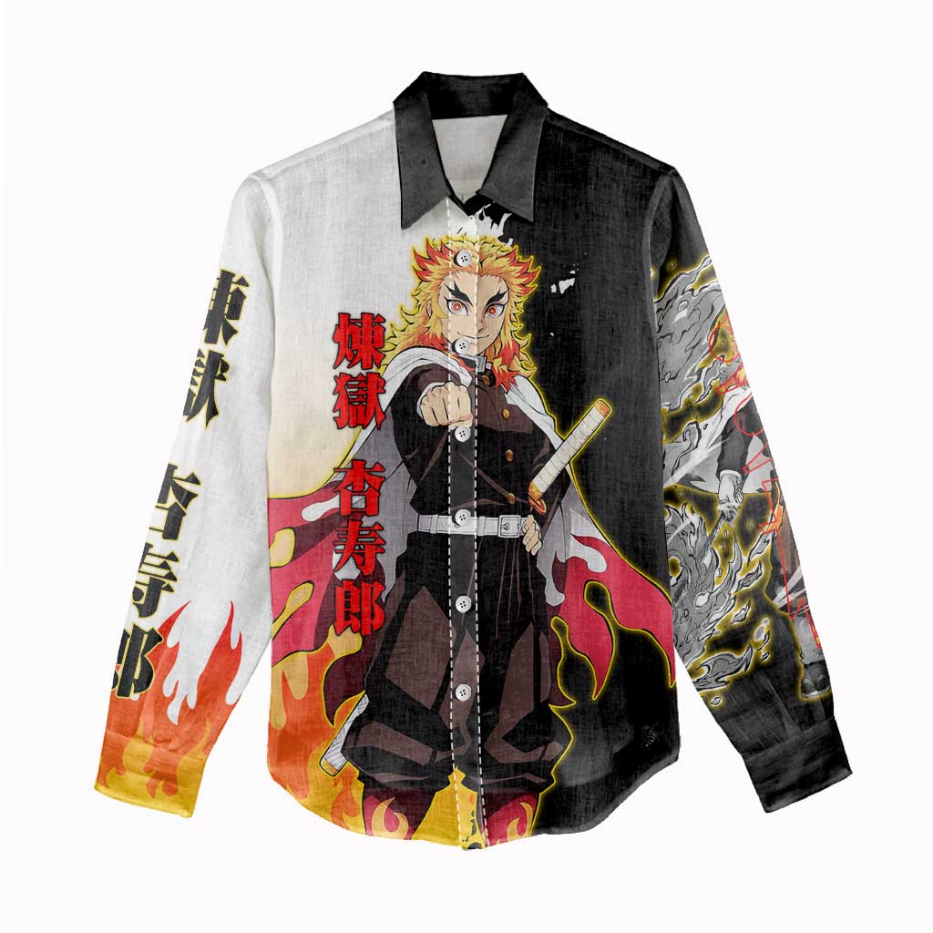 Kyojuro Rengoku from Demon Slayer Women Casual Shirt with Black and White Split Design and Fiery Manga Panel Background - The Mazicc