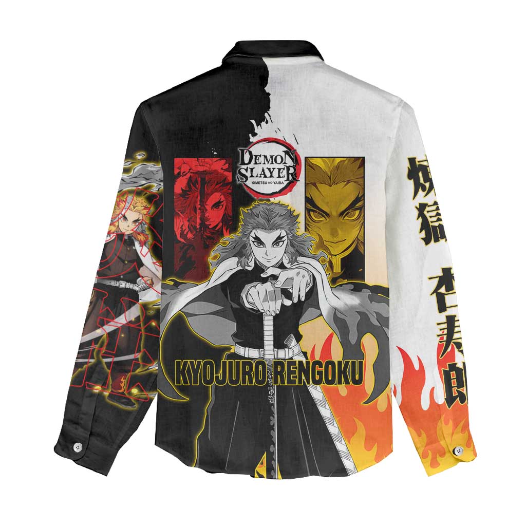 Kyojuro Rengoku from Demon Slayer Women Casual Shirt with Black and White Split Design and Fiery Manga Panel Background - The Mazicc
