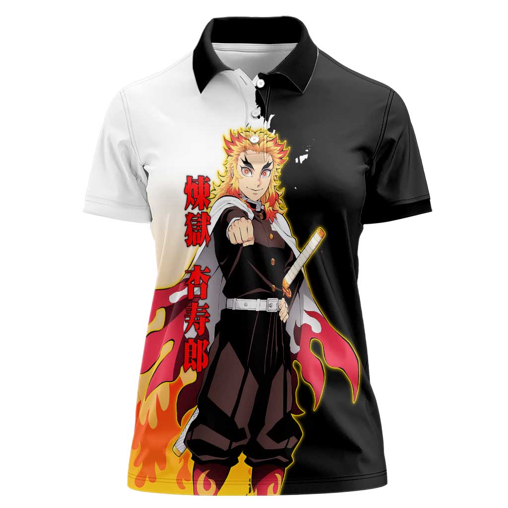 Kyojuro Rengoku from Demon Slayer Women Polo Shirt with Black and White Split Design and Fiery Manga Panel Background - The Mazicc