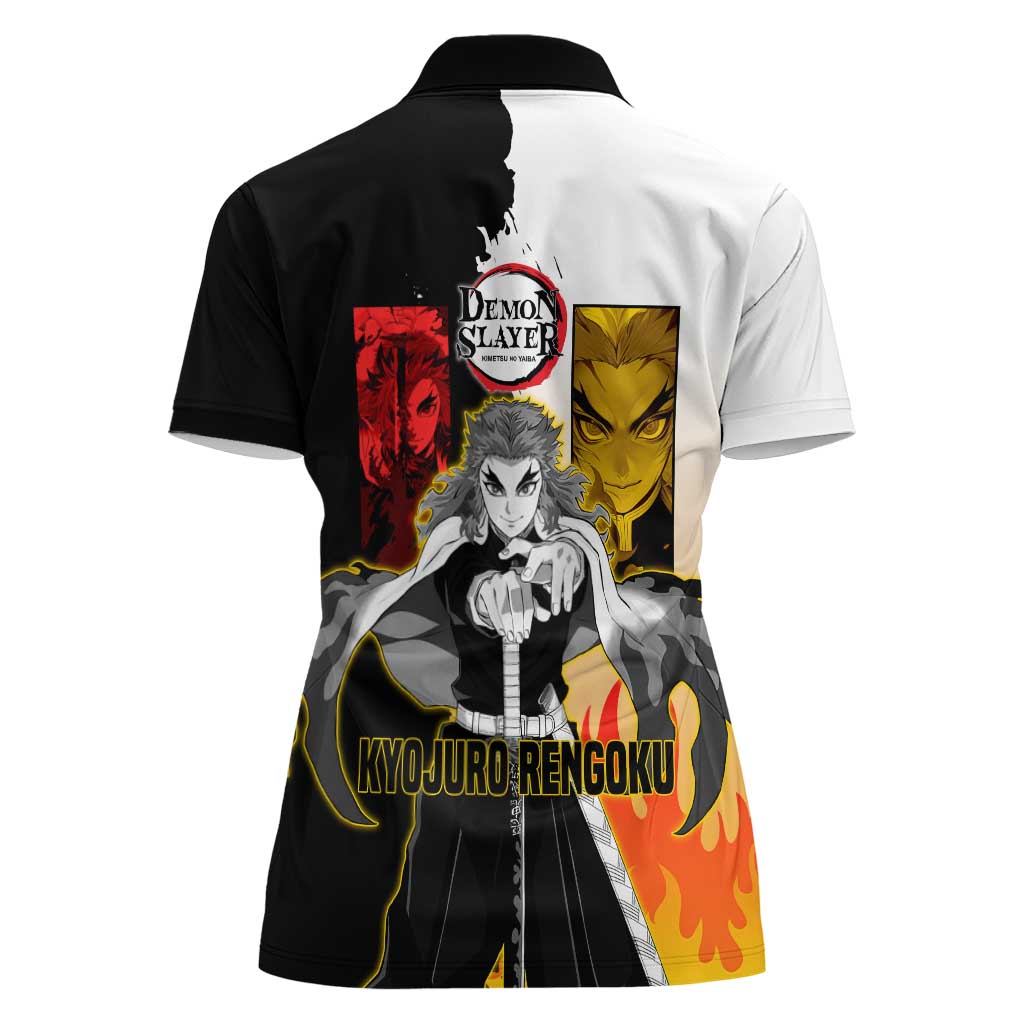 Kyojuro Rengoku from Demon Slayer Women Polo Shirt with Black and White Split Design and Fiery Manga Panel Background - The Mazicc