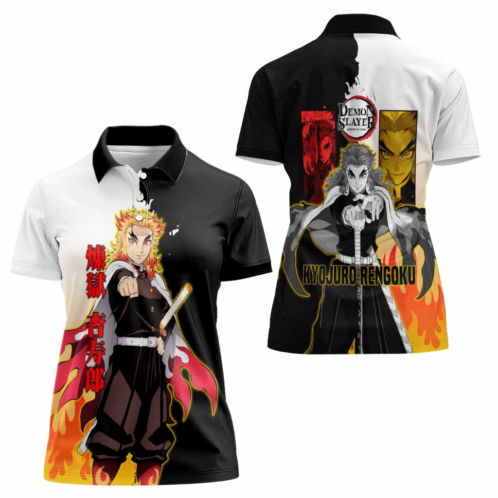Kyojuro Rengoku from Demon Slayer Women Polo Shirt with Black and White Split Design and Fiery Manga Panel Background - The Mazicc