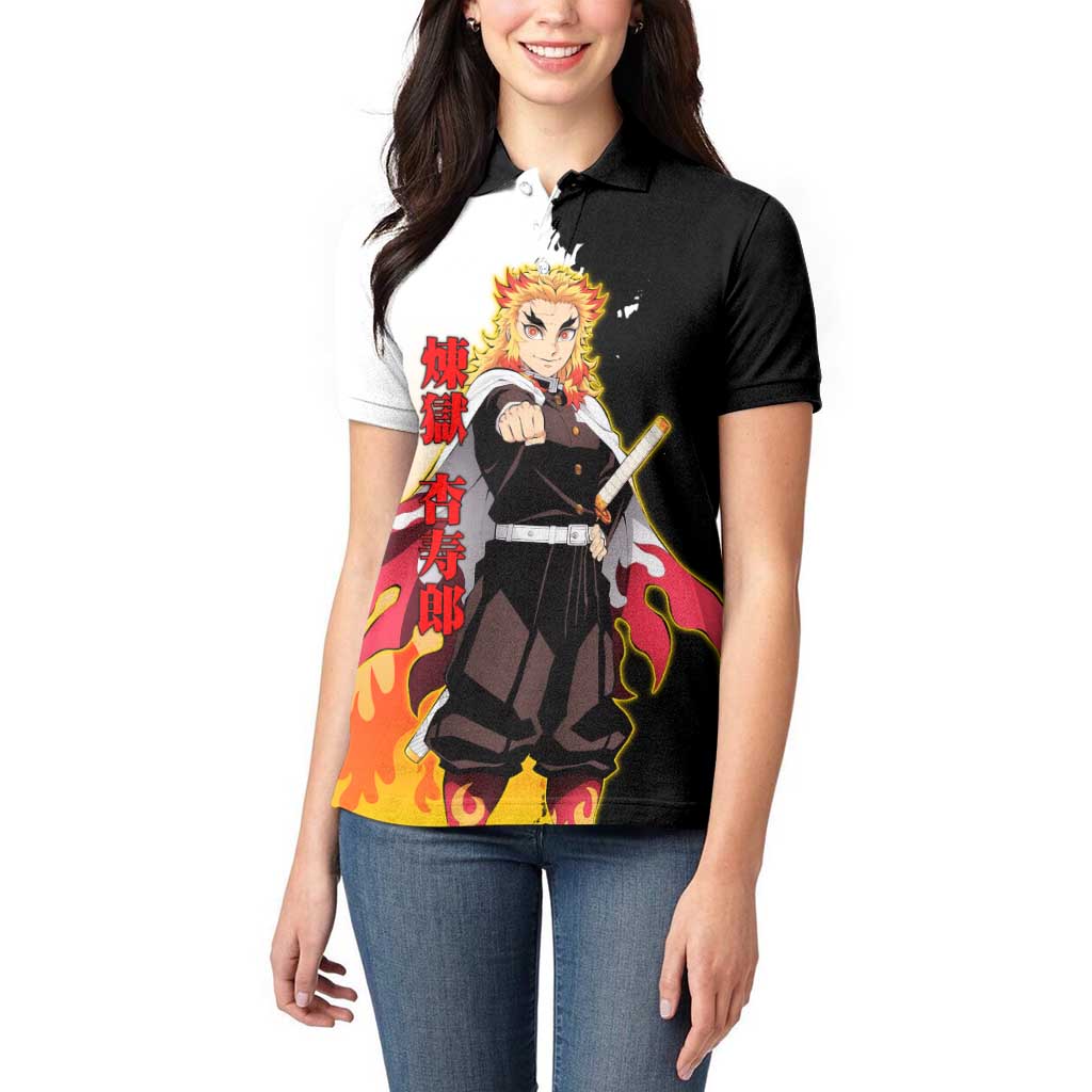 Kyojuro Rengoku from Demon Slayer Women Polo Shirt with Black and White Split Design and Fiery Manga Panel Background - The Mazicc