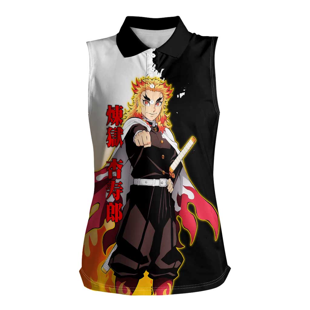 Kyojuro Rengoku from Demon Slayer Women Sleeveless Polo Shirt with Black and White Split Design and Fiery Manga Panel Background - The Mazicc